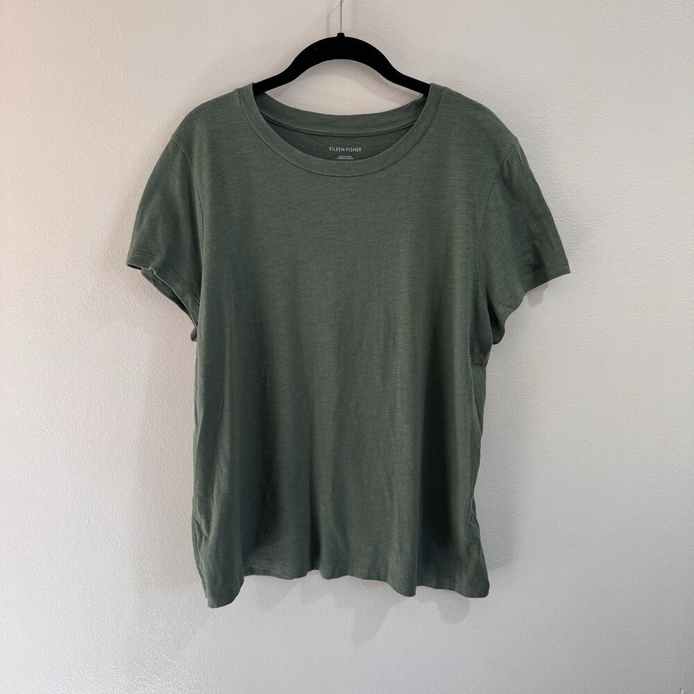Eileen Fisher T-shirt L Green 100% Organic Cotton Crewneck Lagen Comfy Basic